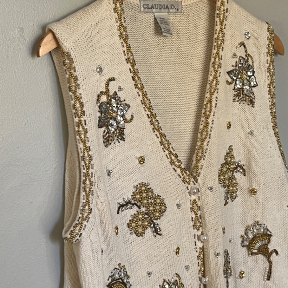 Vintage Claudia D. Cream Embellished Vest Large - Picture 2 of 8